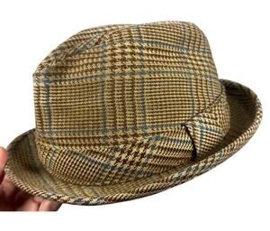 Fedora Trilby Glen Plaid Houndstooth Wool Blend Brown Tan Blue M